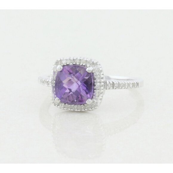 10k White Gold Natural Purple Amethyst and Diamond Halo Ring Size 6 - Picture 1 of 7
